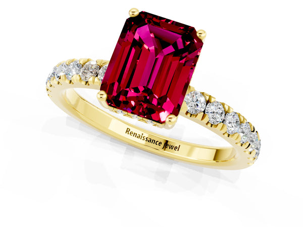 Yellow gold Emerald Cut Garnet Pave Band Solitaire Ring with Round  and Prong Setting