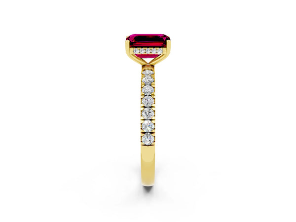 Yellow gold Emerald Cut Garnet Pave Band Solitaire Ring with Round  and Prong Setting