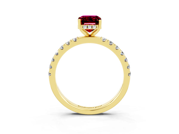 Yellow gold Emerald Cut Garnet Pave Band Solitaire Ring with Round  and Prong Setting