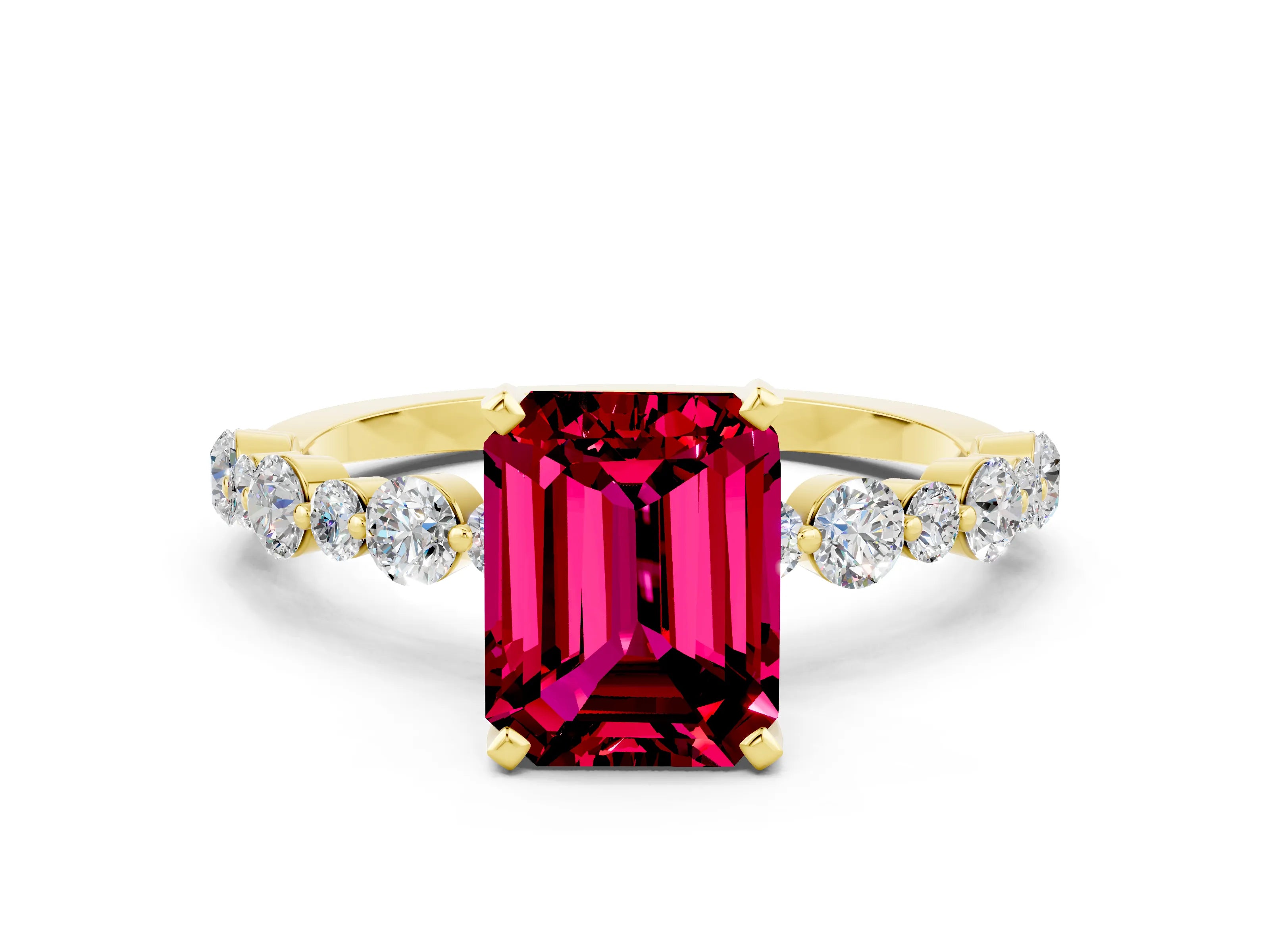 Yellow gold Emerald Cut Garnet Prong Set Engagement Ring with Pavé Band
