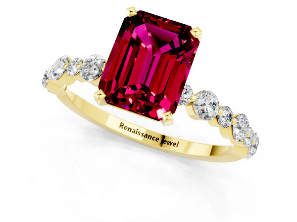 Yellow gold Emerald Cut Garnet Prong Set Engagement Ring with Pavé Band