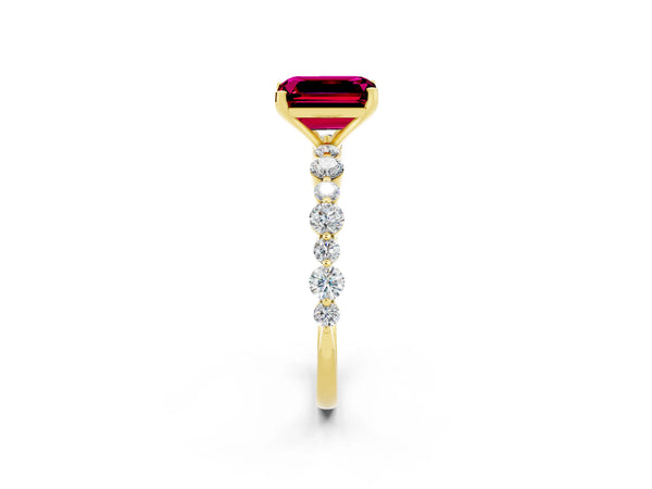 Yellow gold Emerald Cut Garnet Prong Set Engagement Ring with Pavé Band