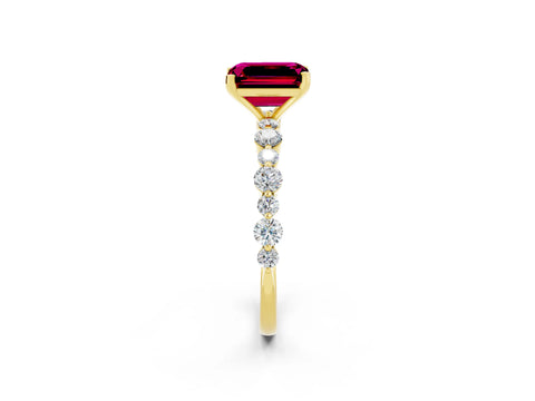Yellow gold Emerald Cut Garnet Prong Set Engagement Ring with Pavé Band_2