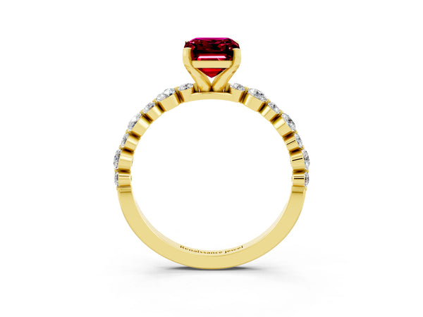 Yellow gold Emerald Cut Garnet Prong Set Engagement Ring with Pavé Band