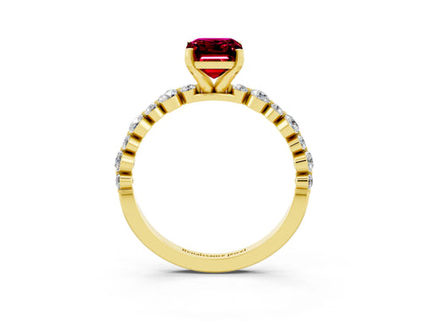 Yellow gold Emerald Cut Garnet Prong Set Engagement Ring with Pavé Band_3