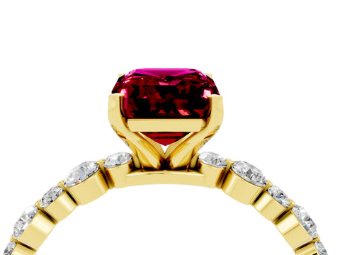 Yellow gold Emerald Cut Garnet Prong Set Engagement Ring with Pavé Band_4