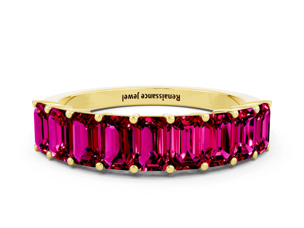 Yellow gold Emerald Cut Garnet Prong-Set Eternity Band