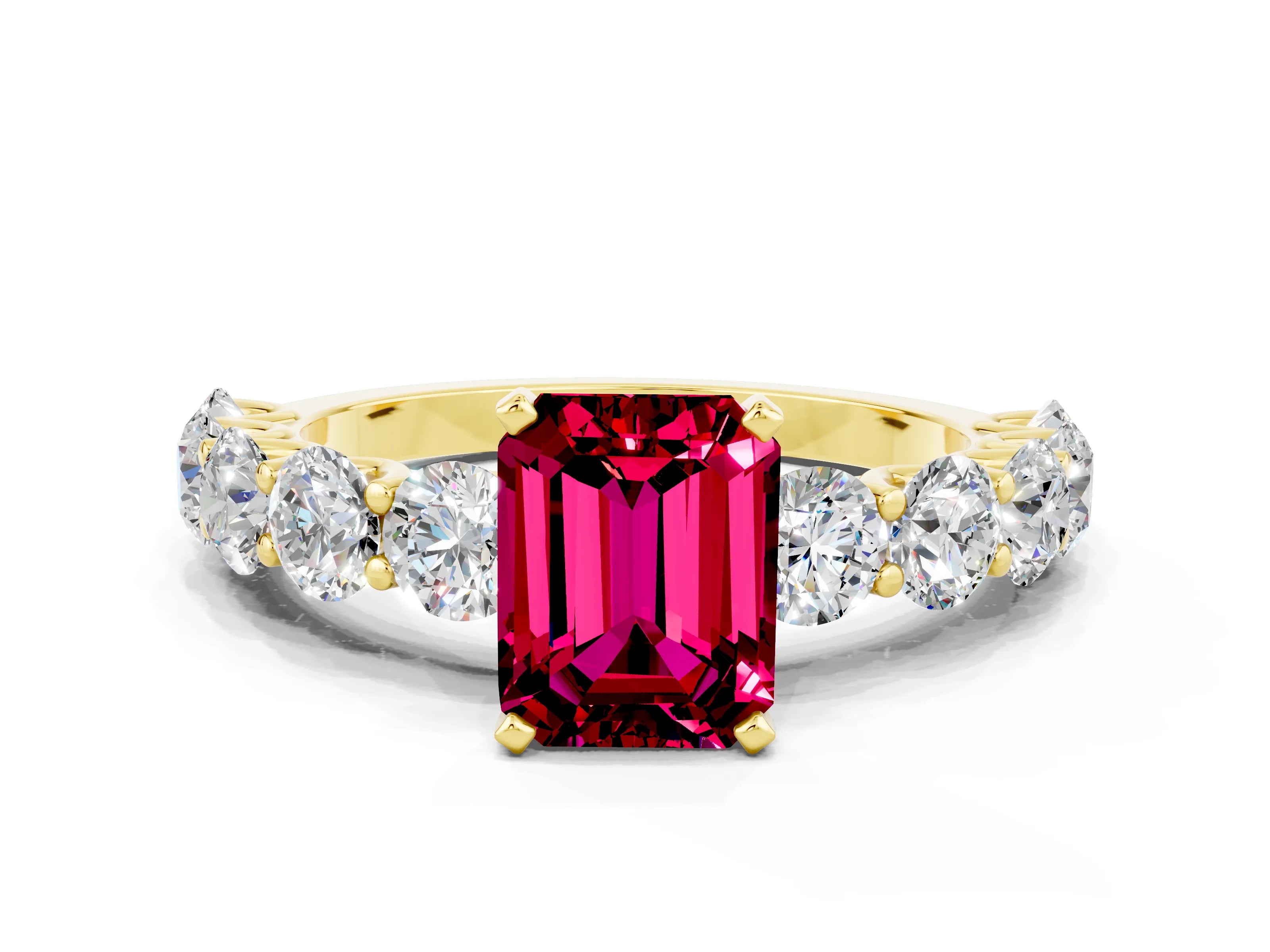 Yellow gold Emerald Cut Garnet Prong Setting with Side Stones on a Pave Band
