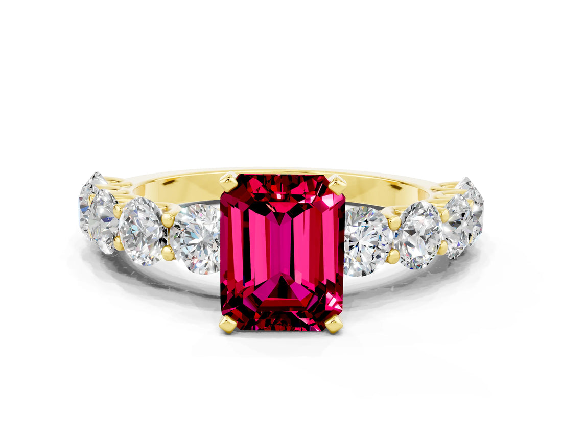 Yellow gold Emerald Cut Garnet Prong Setting with Side Stones on a Pave Band