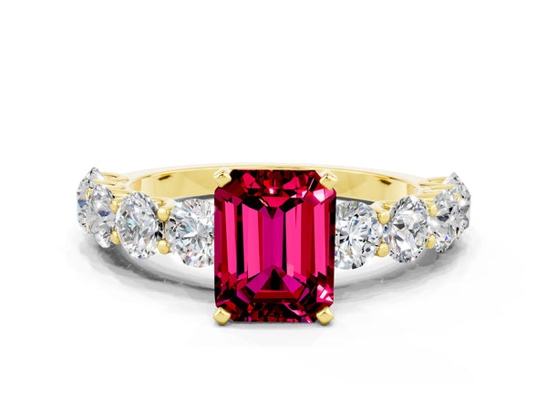 Yellow gold Emerald Cut Garnet Prong Setting with Side Stones on a Pave Band
