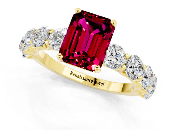 Yellow gold Emerald Cut Garnet Prong Setting with Side Stones on a Pave Band