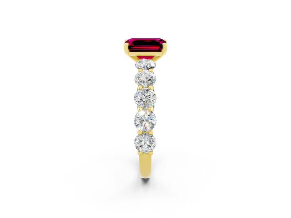 Yellow gold Emerald Cut Garnet Prong Setting with Side Stones on a Pave Band