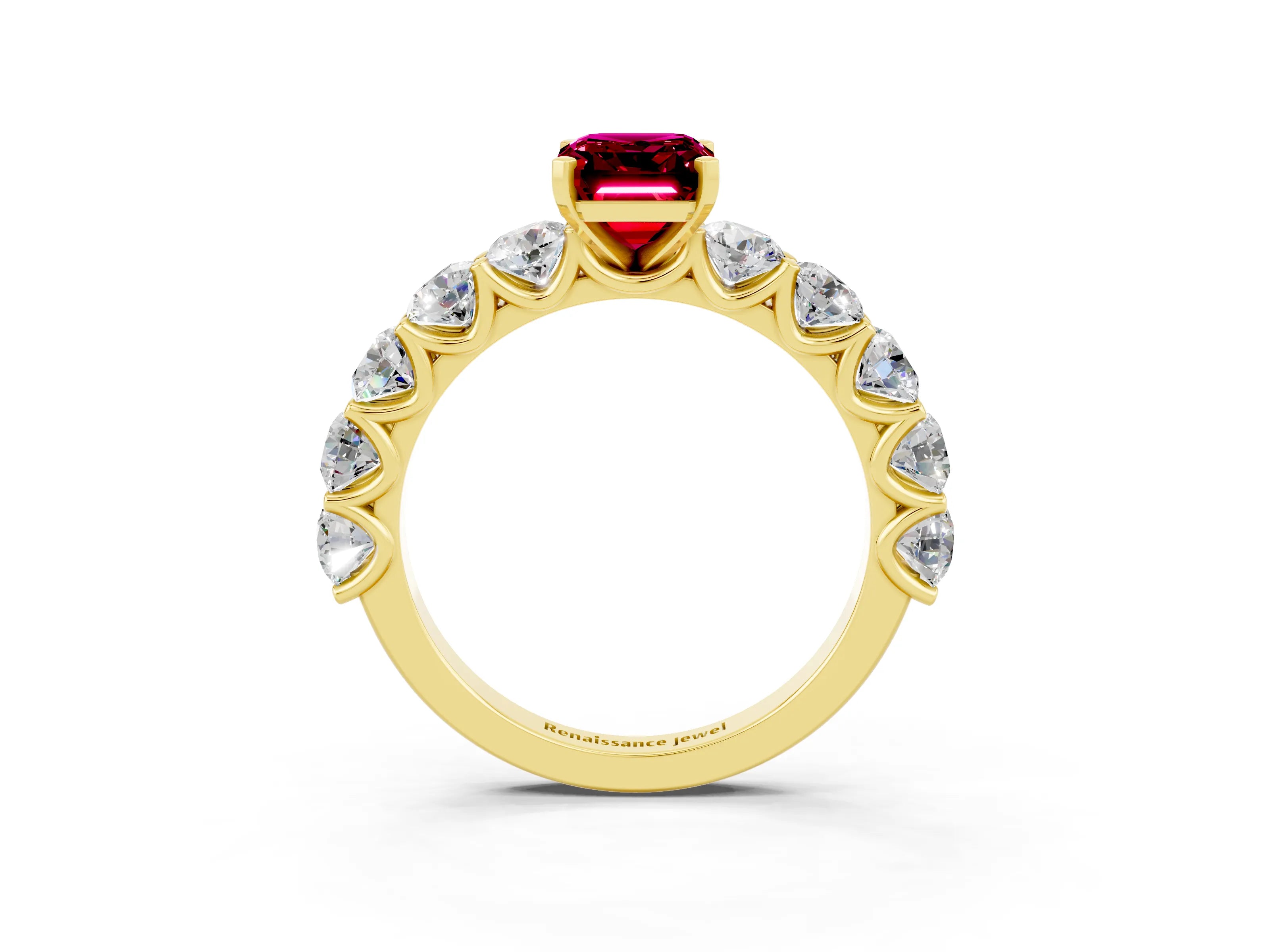 Yellow gold Emerald Cut Garnet Prong Setting with Side Stones on a Pave Band_3