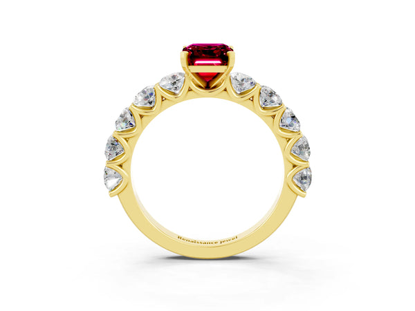 Yellow gold Emerald Cut Garnet Prong Setting with Side Stones on a Pave Band