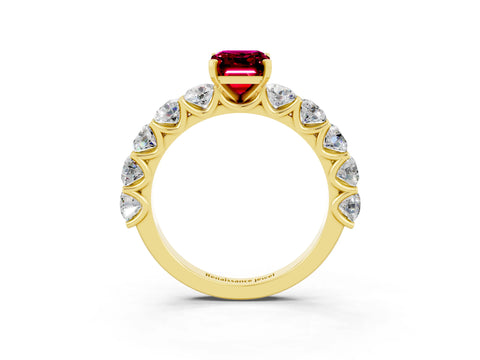 Yellow gold Emerald Cut Garnet Prong Setting with Side Stones on a Pave Band_3