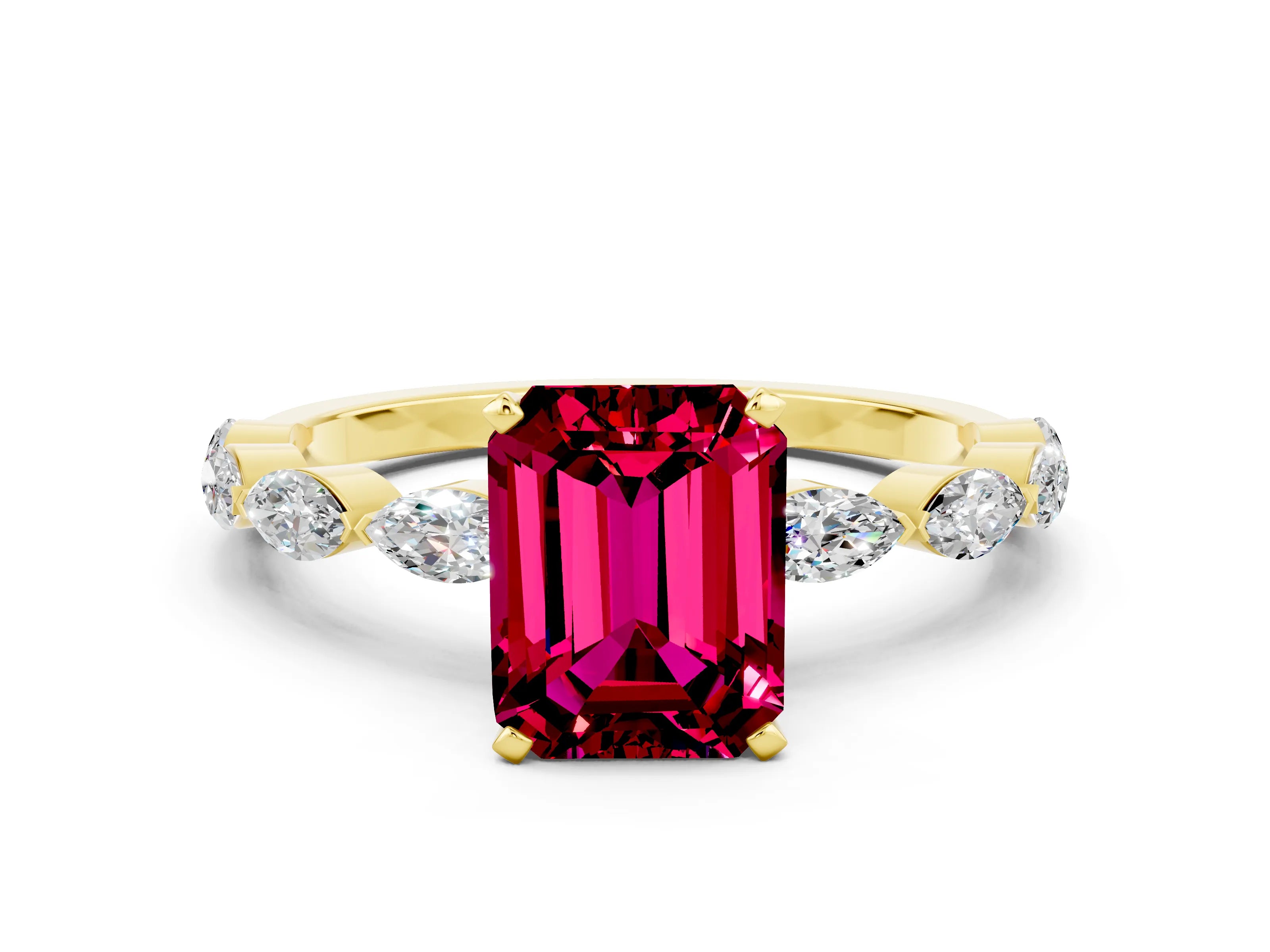 Yellow gold Emerald Cut Garnet Ring with Marquise Side Stones and Prong Setting