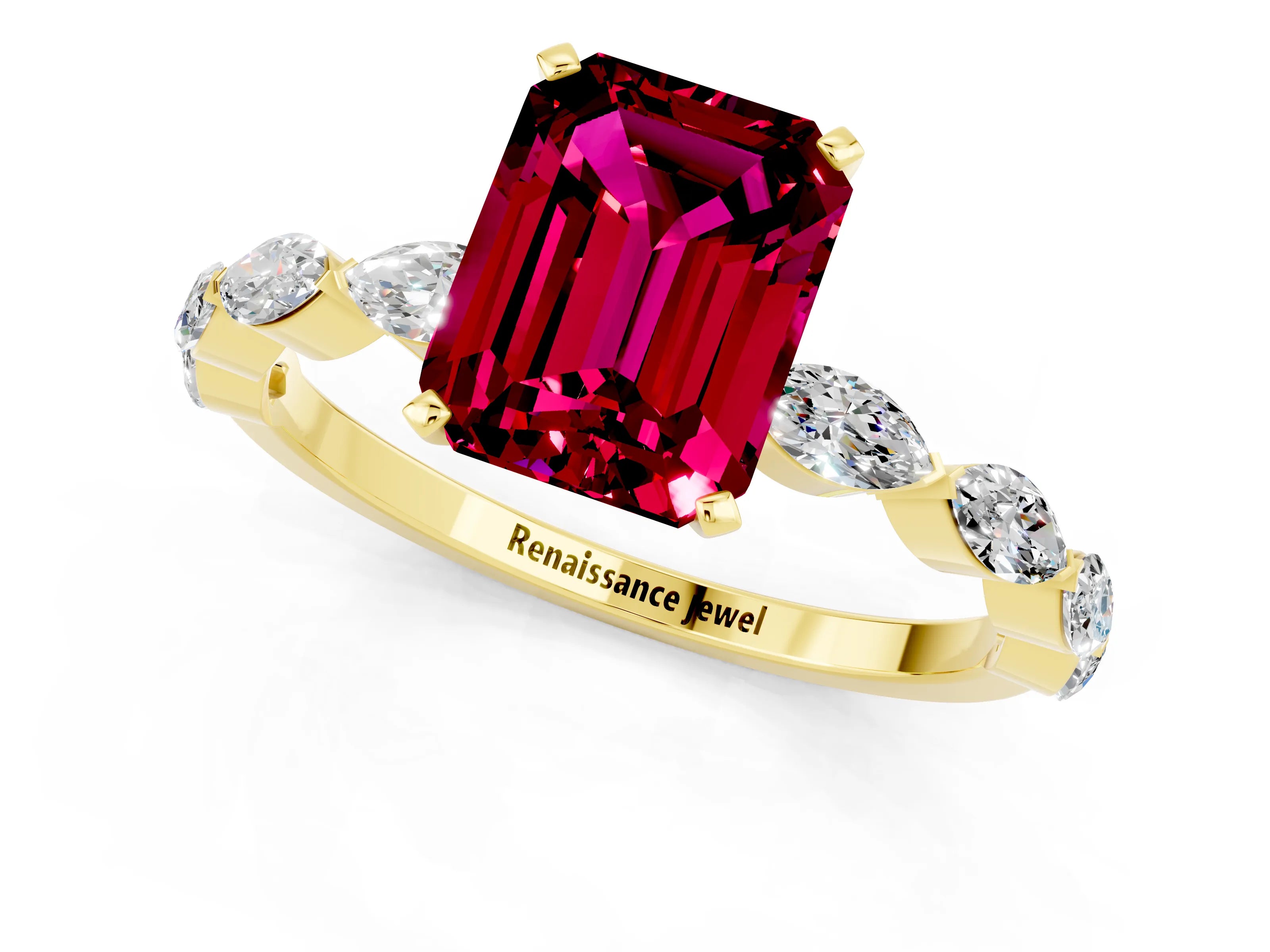 Yellow gold Emerald Cut Garnet Ring with Marquise Side Stones and Prong Setting_1