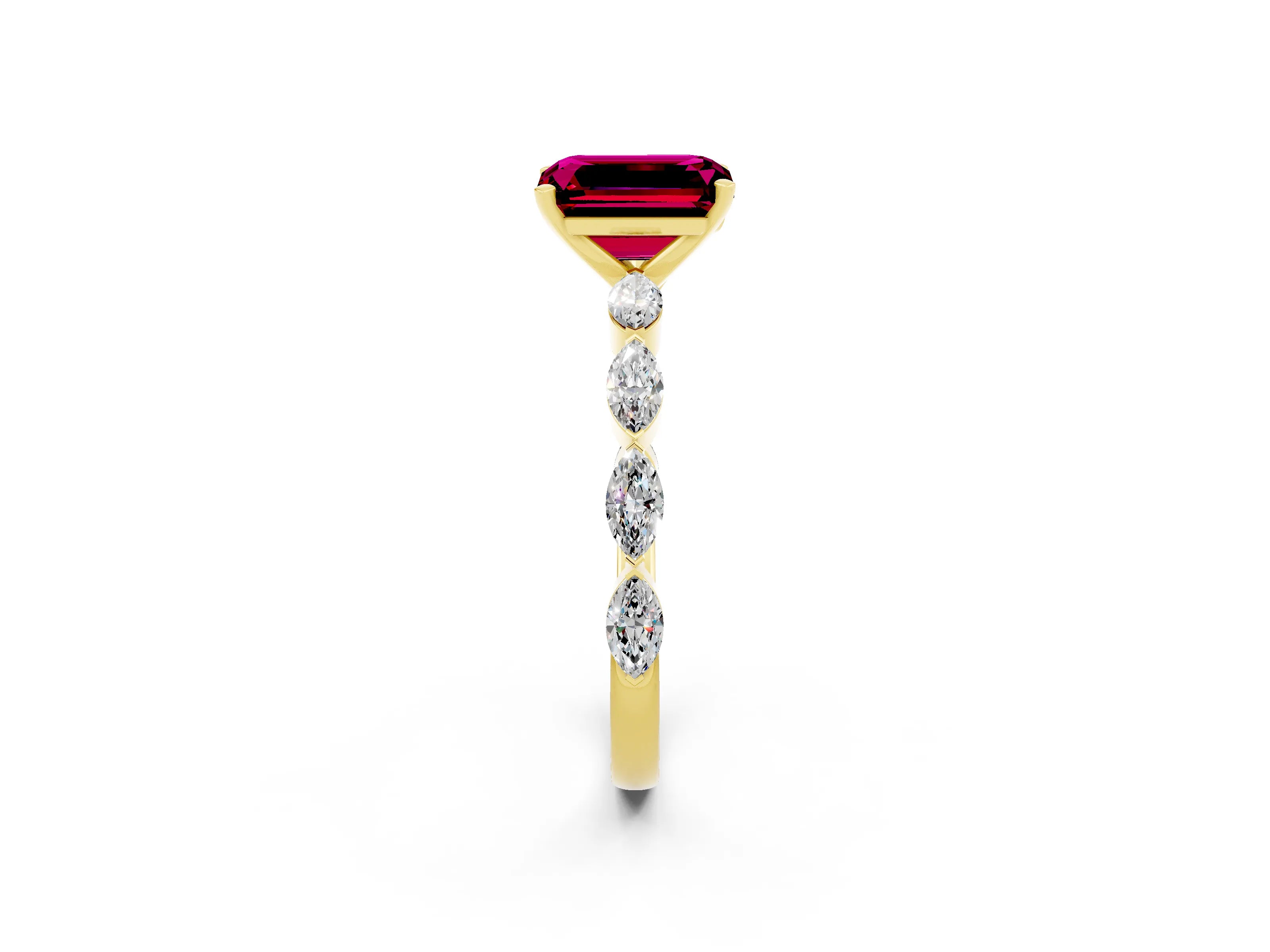 Yellow gold Emerald Cut Garnet Ring with Marquise Side Stones and Prong Setting_2