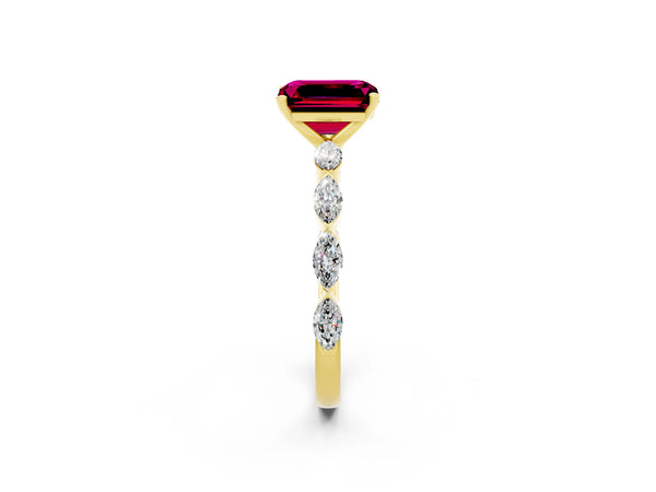 Yellow gold Emerald Cut Garnet Ring with Marquise Side Stones and Prong Setting