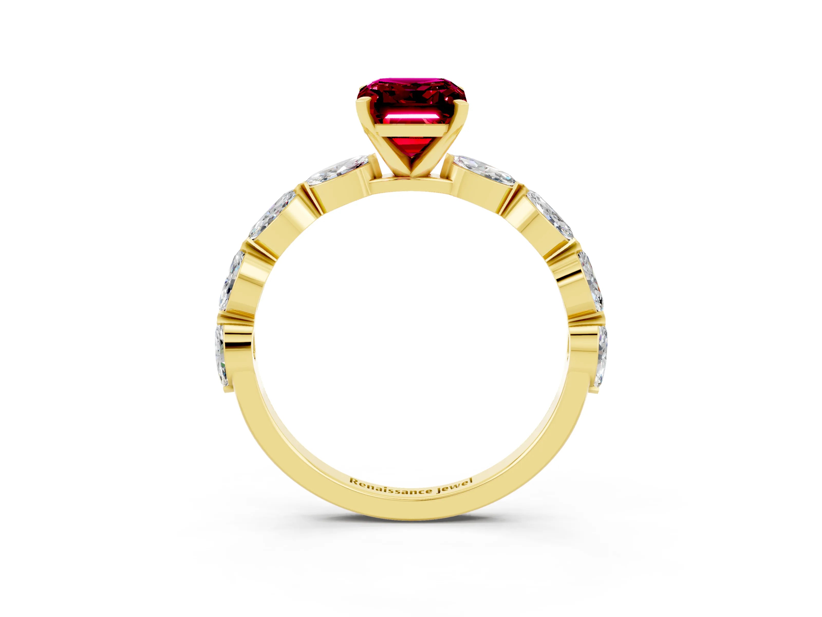 Yellow gold Emerald Cut Garnet Ring with Marquise Side Stones and Prong Setting_3