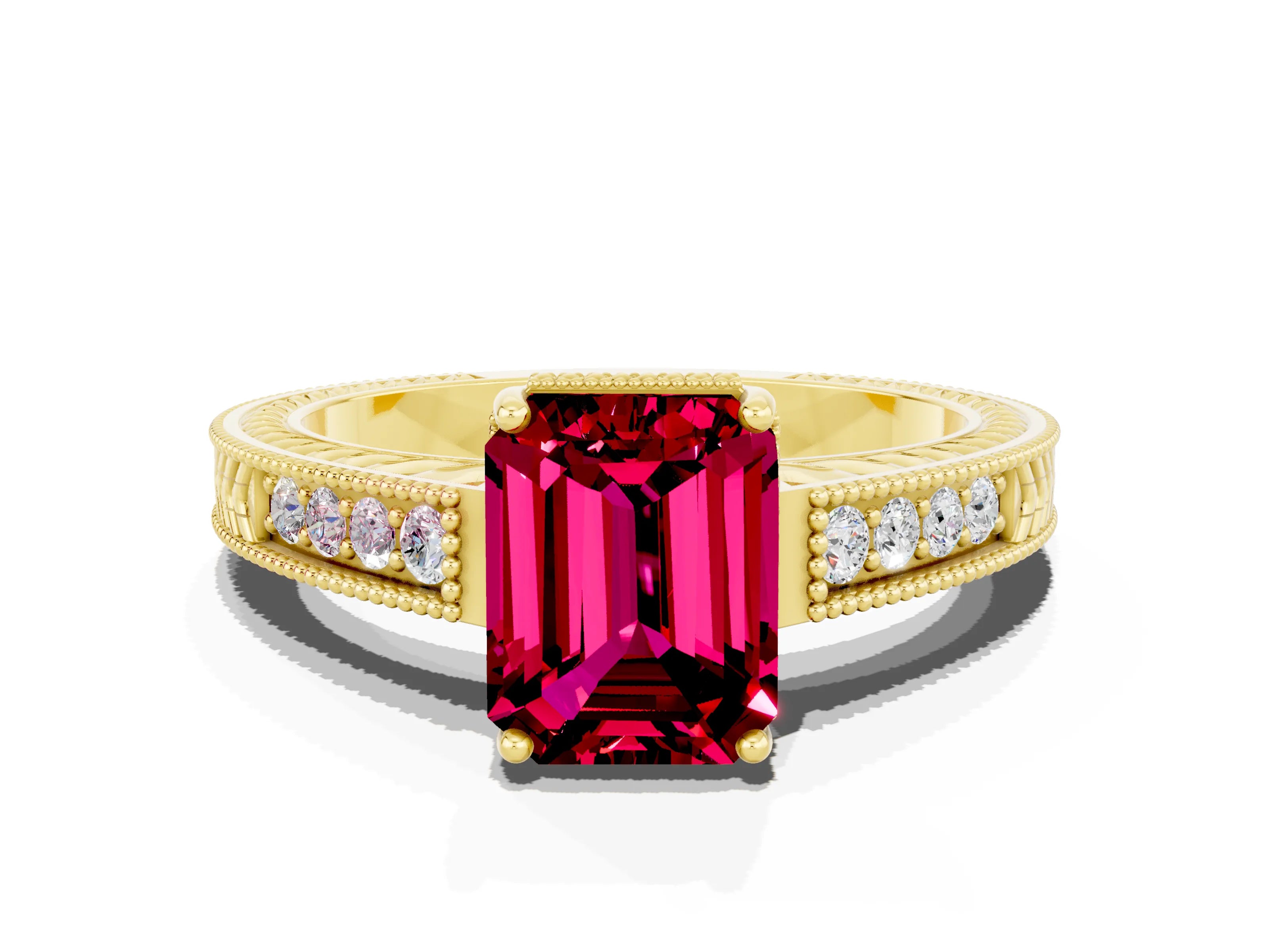 Yellow gold Emerald Cut Garnet Ring with Milgrain Pavé Band and Four-Prong Setting_12