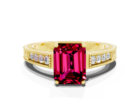Yellow gold Emerald Cut Garnet Ring with Milgrain Pavé Band and Four-Prong Setting_12