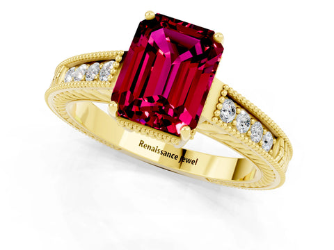 Yellow gold Emerald Cut Garnet Ring with Milgrain Pavé Band and Four-Prong Setting_13