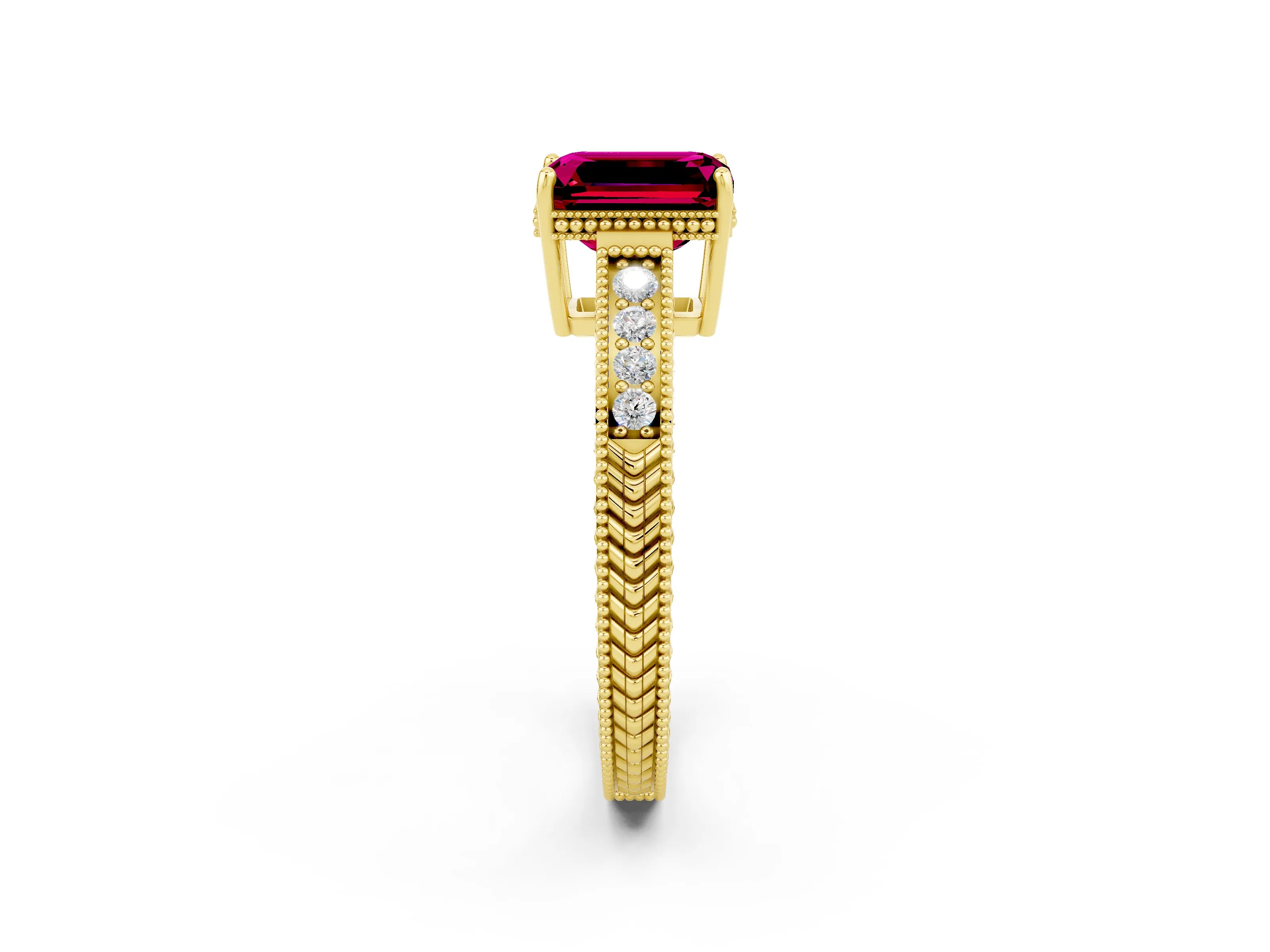 Yellow gold Emerald Cut Garnet Ring with Milgrain Pavé Band and Four-Prong Setting_14