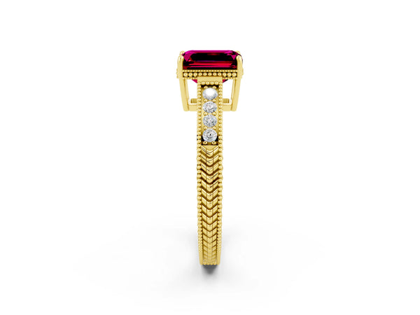 Yellow gold Emerald Cut Garnet Ring with Milgrain Pavé Band and Four-Prong Setting