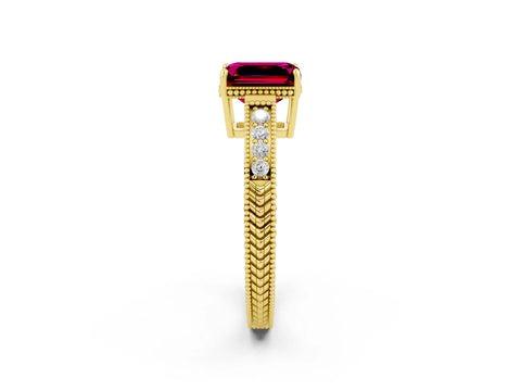 Yellow gold Emerald Cut Garnet Ring with Milgrain Pavé Band and Four-Prong Setting_14