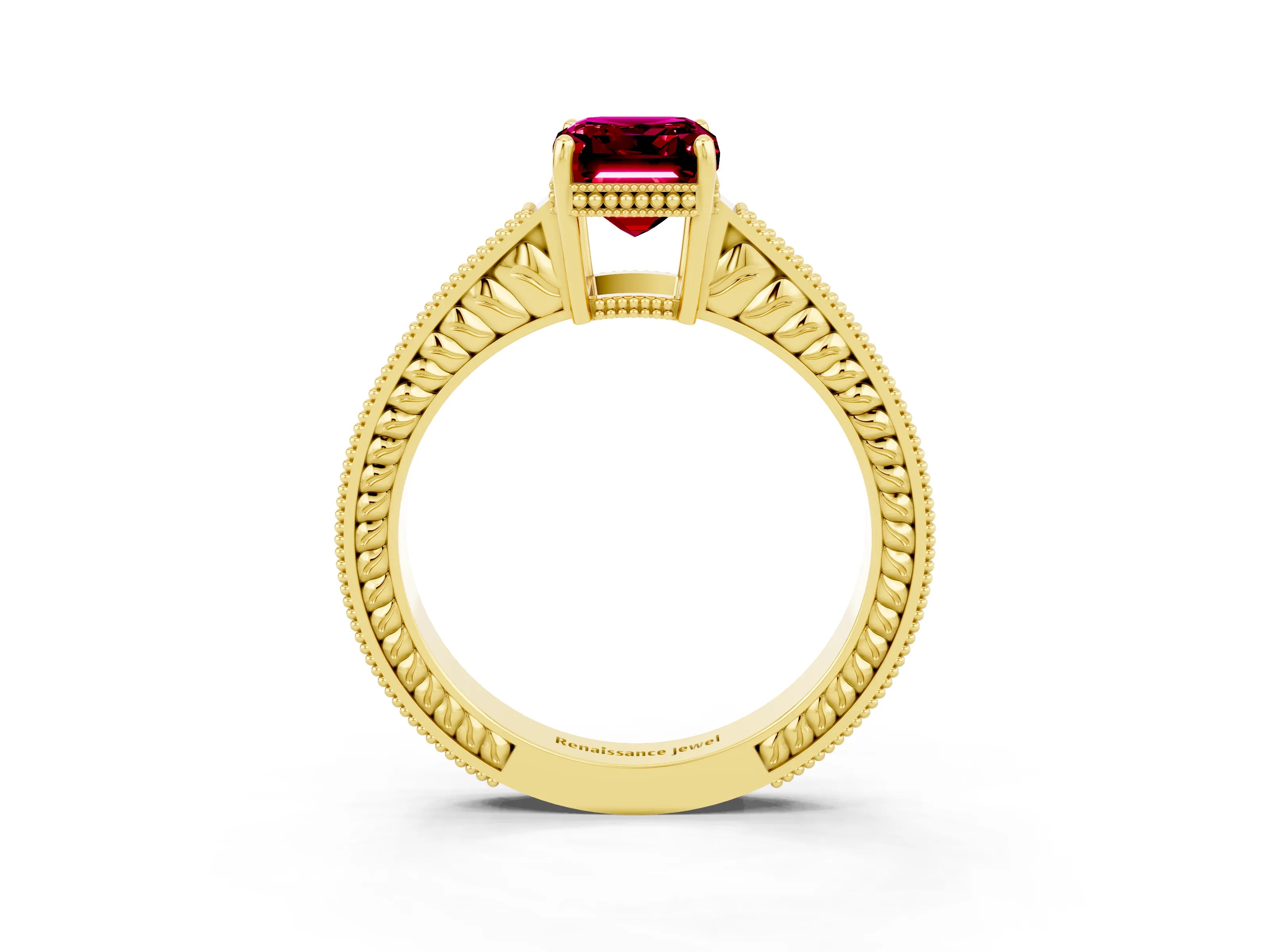 Yellow gold Emerald Cut Garnet Ring with Milgrain Pavé Band and Four-Prong Setting_15
