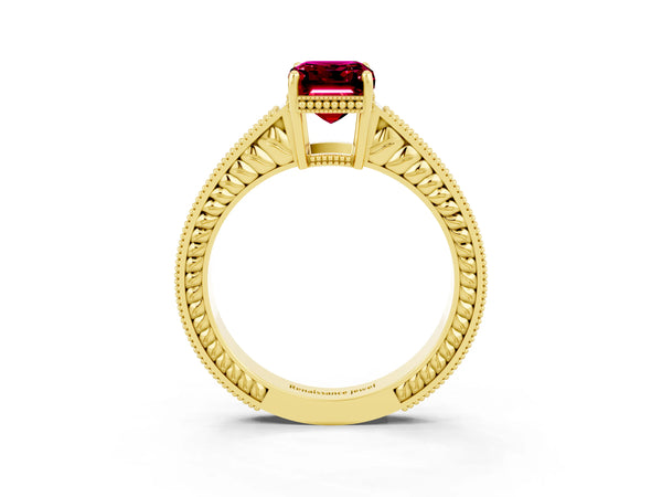 Yellow gold Emerald Cut Garnet Ring with Milgrain Pavé Band and Four-Prong Setting