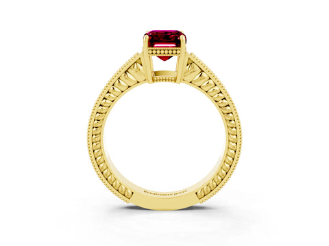Yellow gold Emerald Cut Garnet Ring with Milgrain Pavé Band and Four-Prong Setting_15