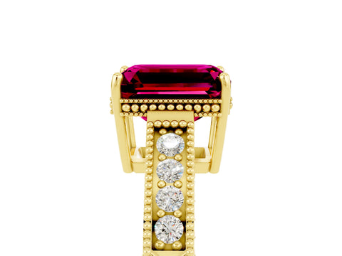 Yellow gold Emerald Cut Garnet Ring with Milgrain Pavé Band and Four-Prong Setting_17