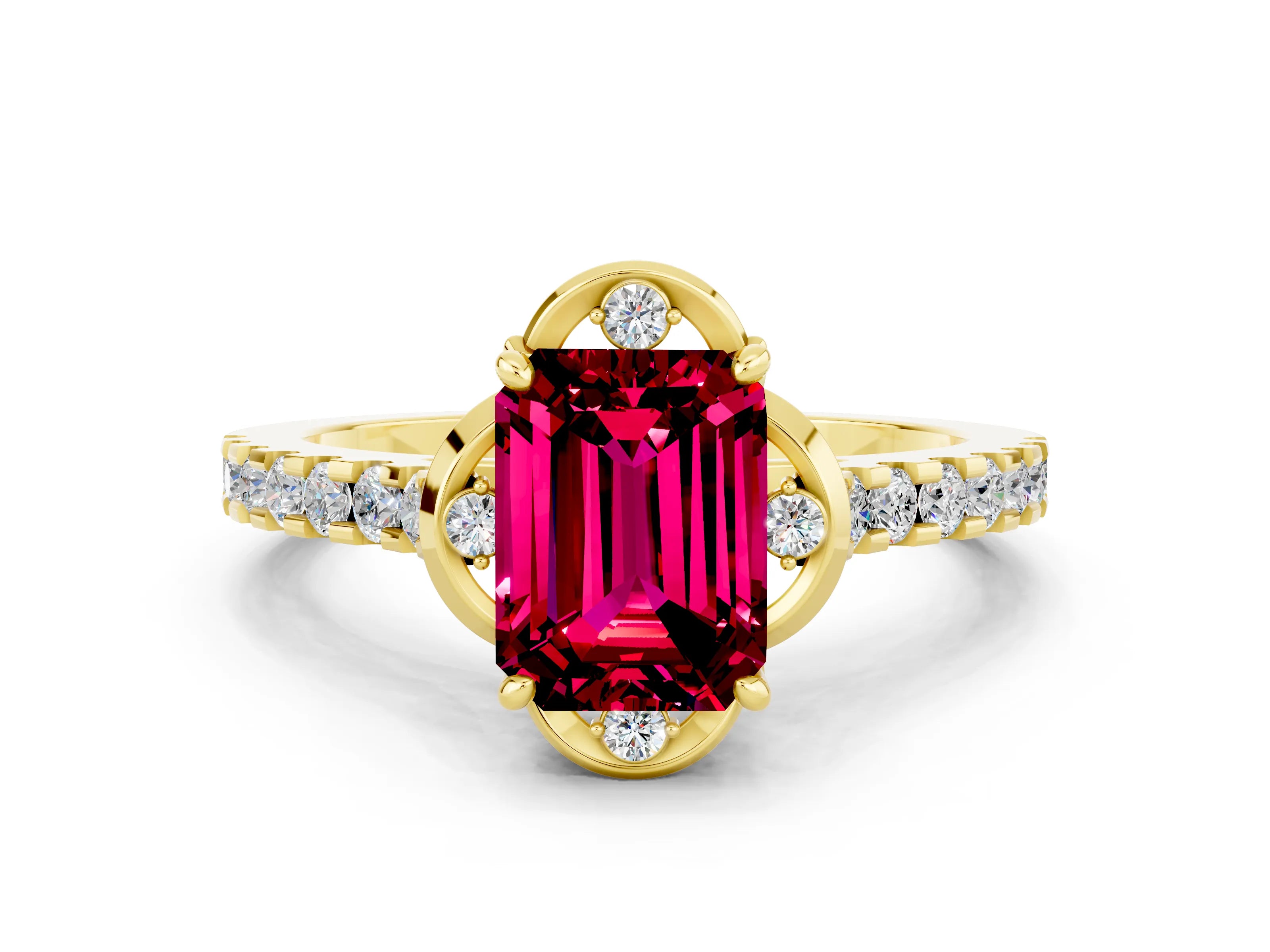 Yellow gold Emerald Cut Garnet Ring with Pavé Band and Floral Prong Setting
