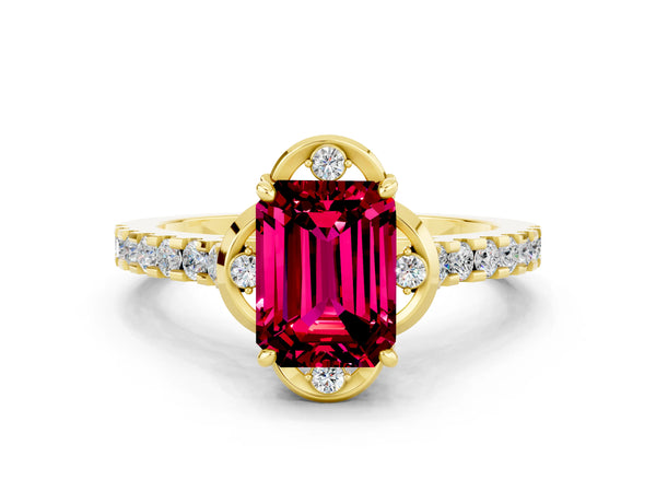 Yellow gold Emerald Cut Garnet Ring with Pavé Band and Floral Prong Setting