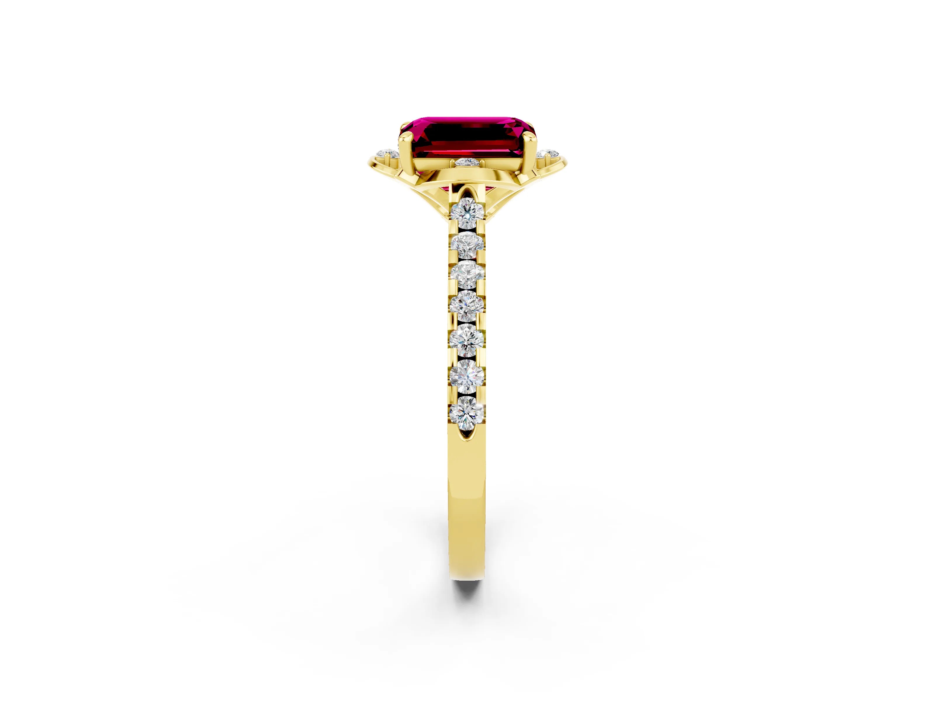 Yellow gold Emerald Cut Garnet Ring with Pavé Band and Floral Prong Setting_2