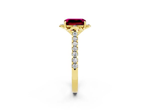 Yellow gold Emerald Cut Garnet Ring with Pavé Band and Floral Prong Setting