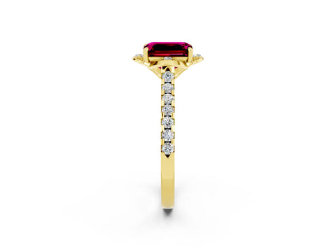 Yellow gold Emerald Cut Garnet Ring with Pavé Band and Floral Prong Setting_2