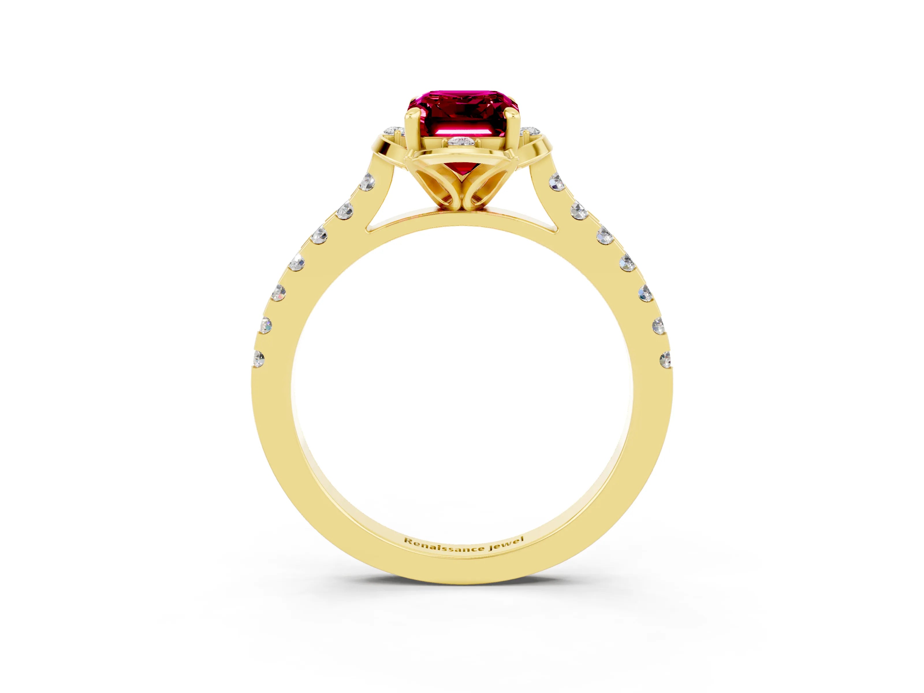 Yellow gold Emerald Cut Garnet Ring with Pavé Band and Floral Prong Setting_3