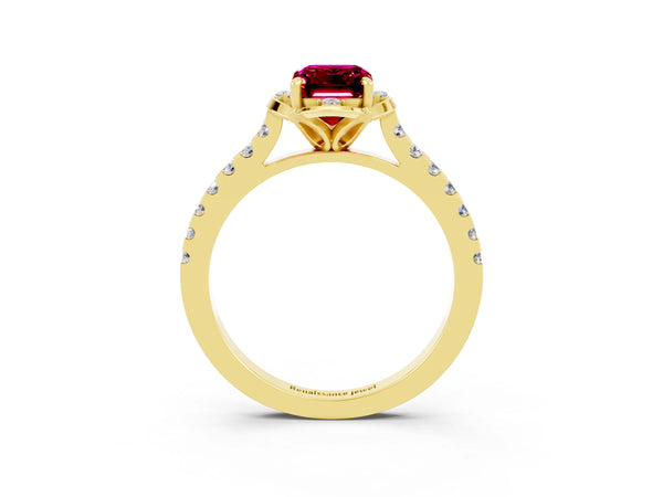 Yellow gold Emerald Cut Garnet Ring with Pavé Band and Floral Prong Setting