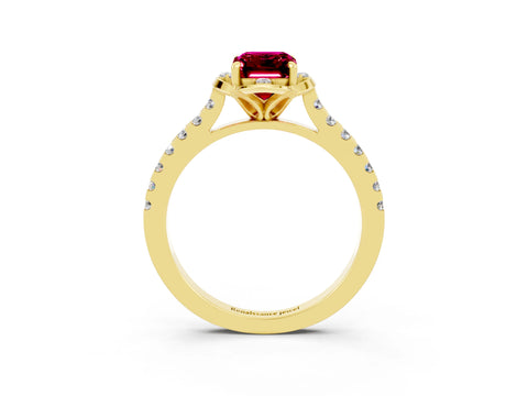 Yellow gold Emerald Cut Garnet Ring with Pavé Band and Floral Prong Setting_3
