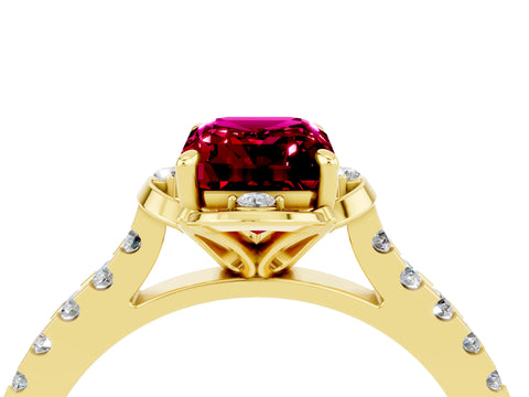 Yellow gold Emerald Cut Garnet Ring with Pavé Band and Floral Prong Setting_4