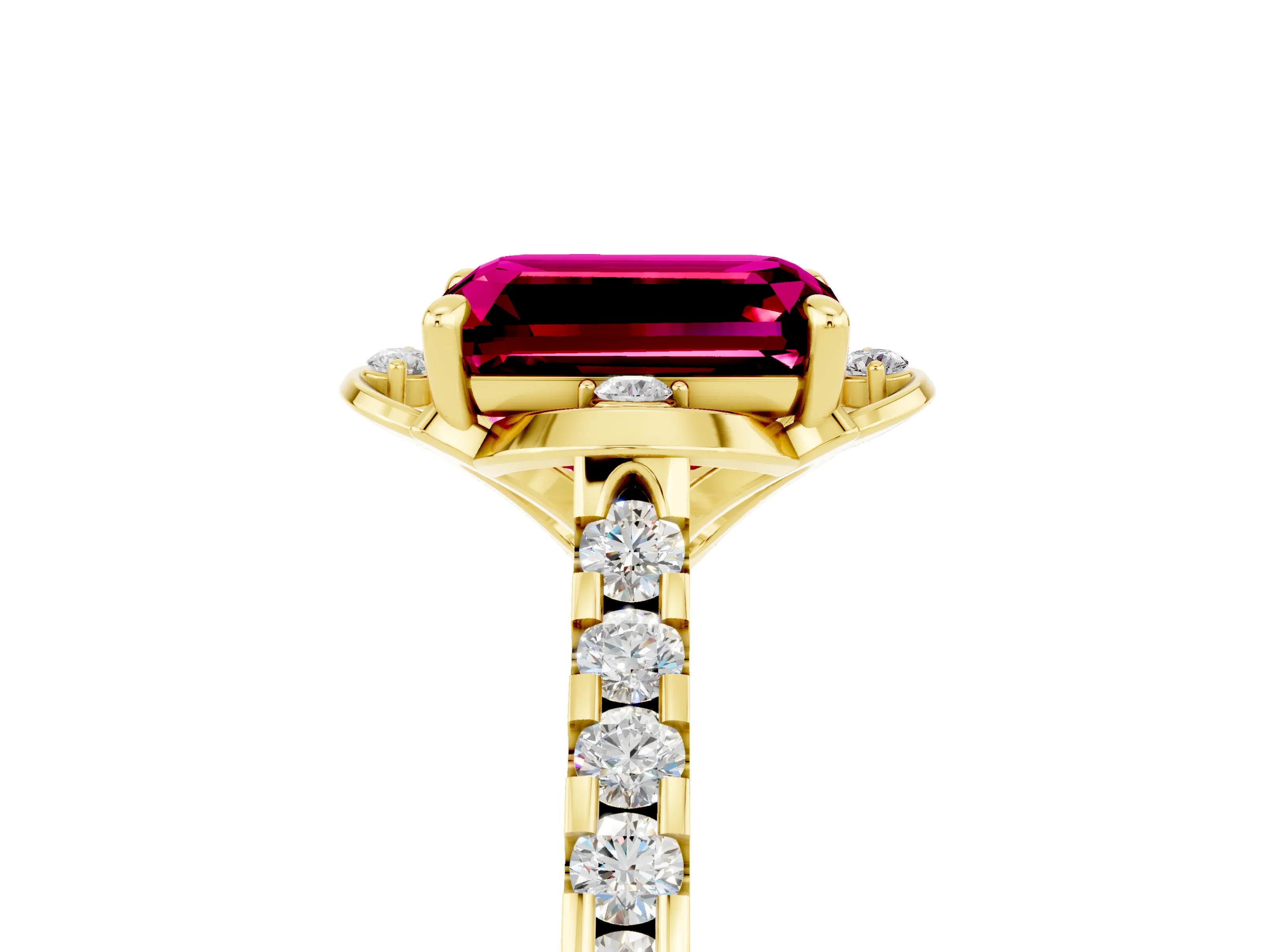 Yellow gold Emerald Cut Garnet Ring with Pavé Band and Floral Prong Setting_5