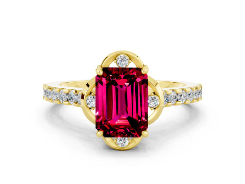 Yellow gold Emerald Cut Garnet Ring with Pavé Band and Floral Prong Setting