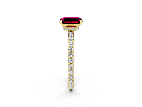 Yellow gold Emerald Cut Garnet Ring with Pavé Band and Four-Prong Setting_2