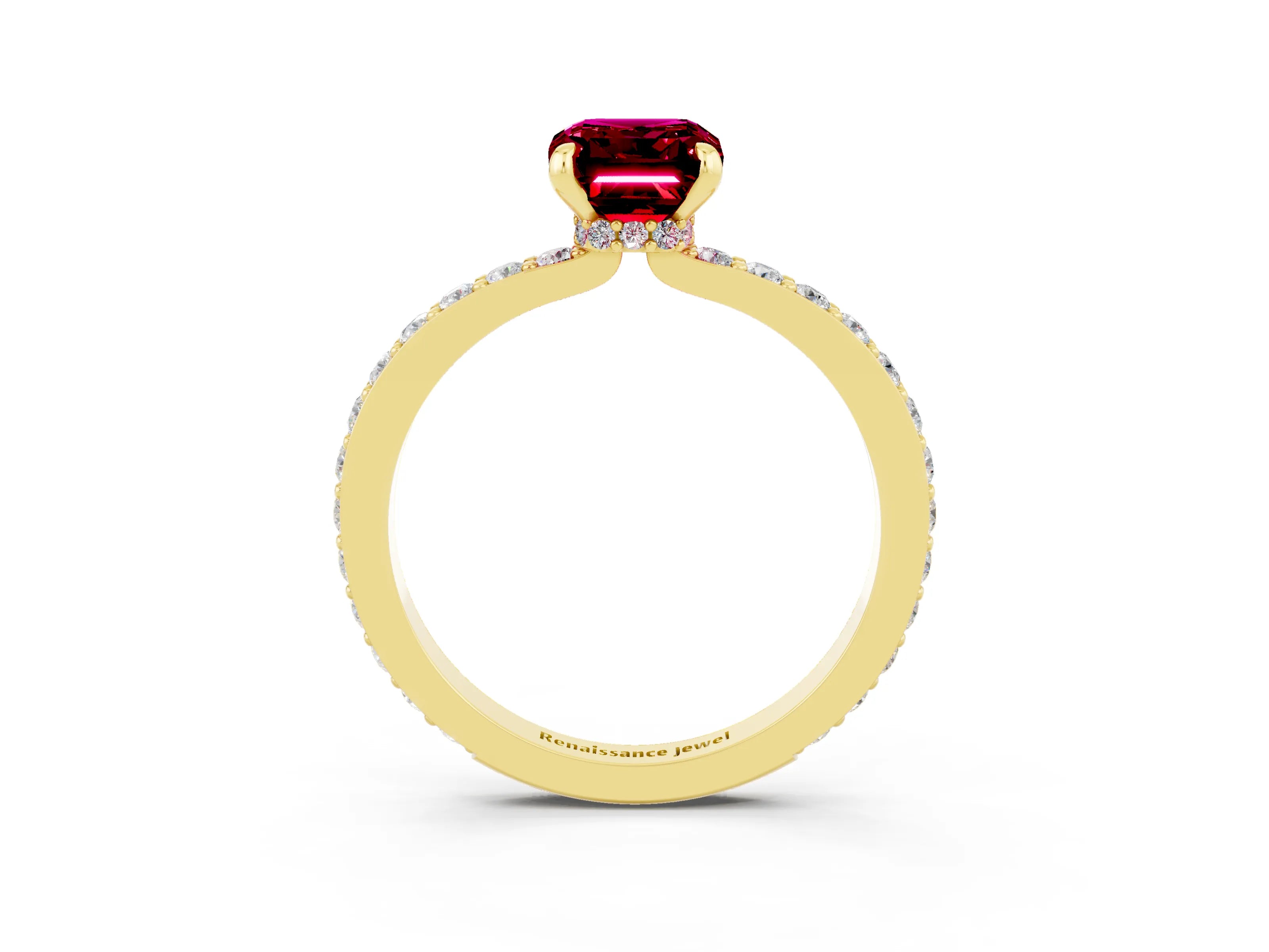 Yellow gold Emerald Cut Garnet Ring with Pavé Band and Four-Prong Setting_3