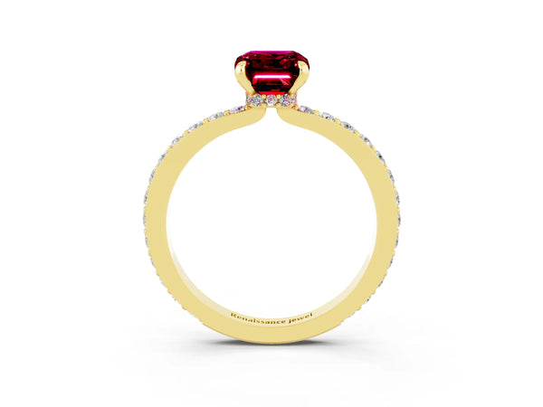 Yellow gold Emerald Cut Garnet Pavé Engagement Ring with Round  Accents and Prong Setting