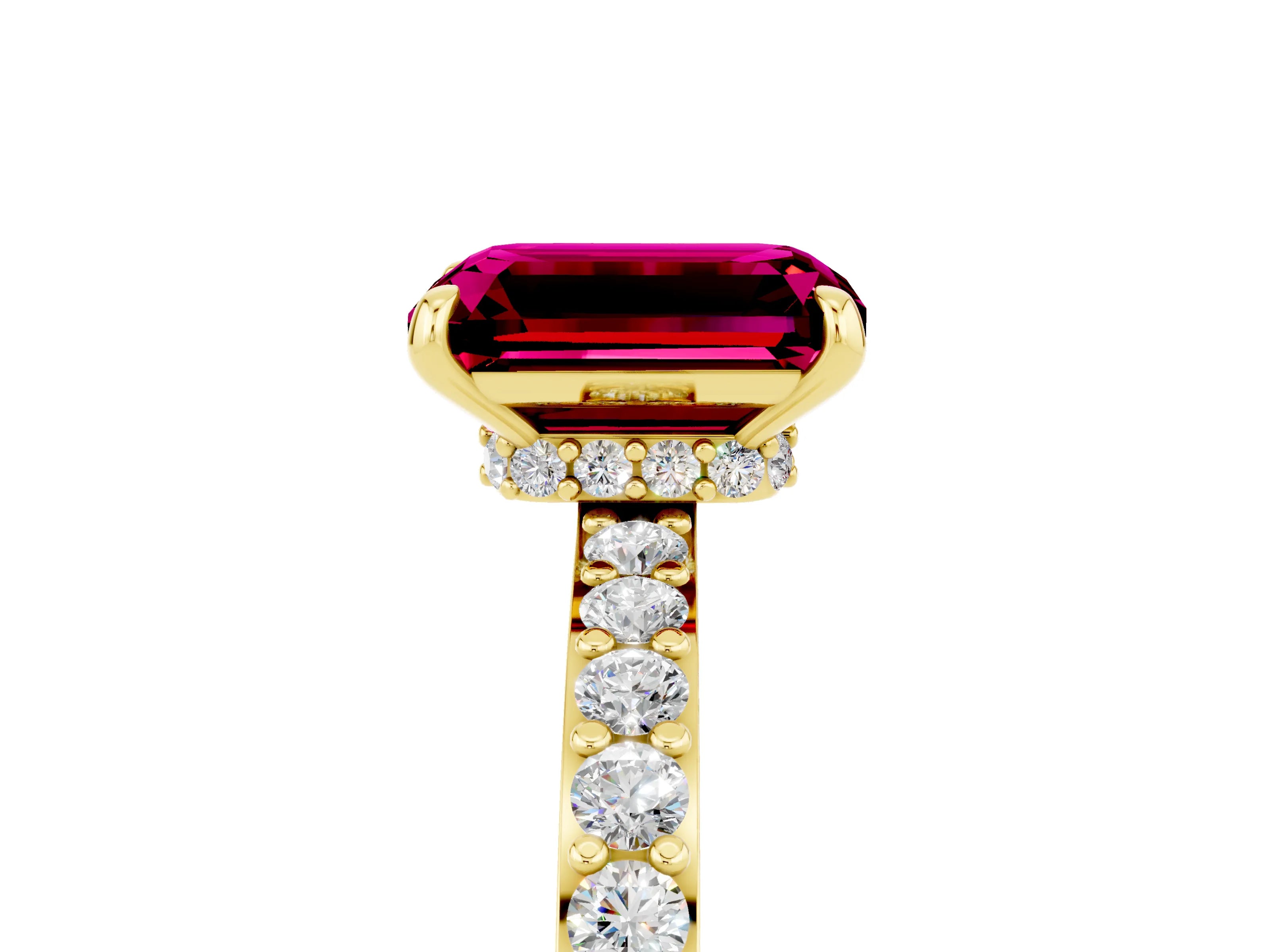 Yellow gold Emerald Cut Garnet Ring with Pavé Band and Four-Prong Setting_5