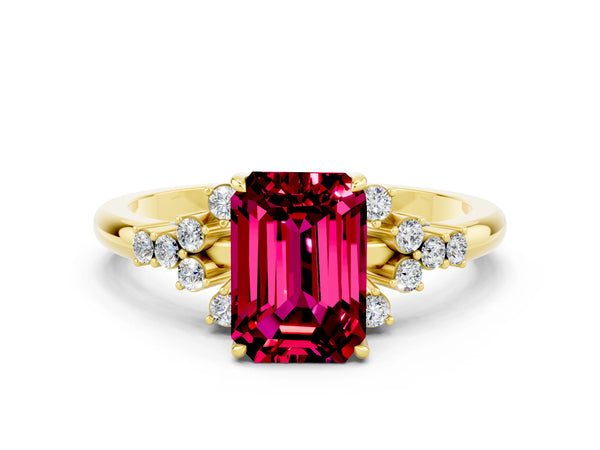 Yellow gold Emerald Cut Garnet Ring with Side Stones and Four-Prong Setting